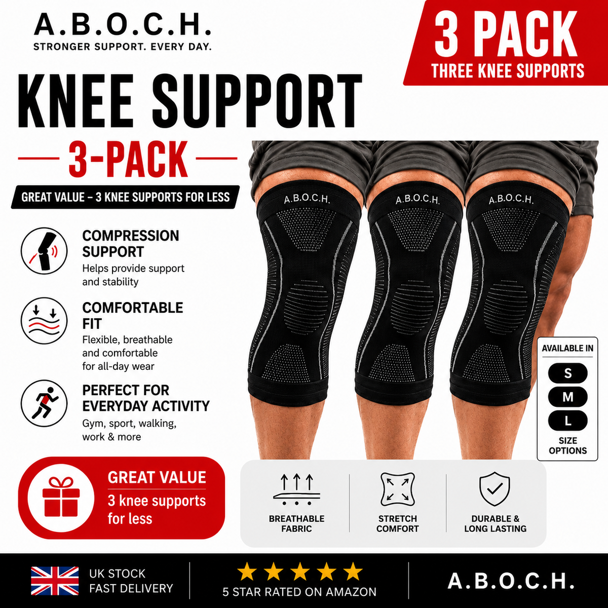 A.B.O.C.H. Compression Knee Support – 3 Pack